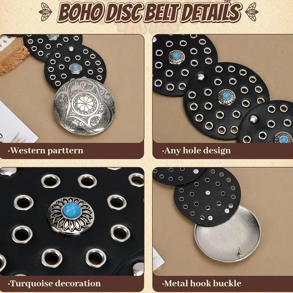 Western Leather Belt Boho Black and Silver Polka Dot Belt fits ways many sizes - Picture 8 of 8